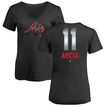 Women's Atlanta Braves Orlando Arcia ＃11 Midnight Mascot V-Neck T-Shirt - Black