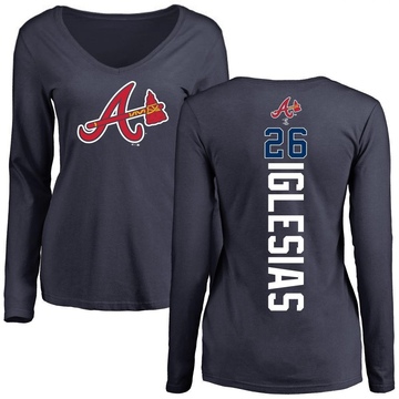 Women's Atlanta Braves Raisel Iglesias ＃26 Backer Slim Fit Long Sleeve T-Shirt - Navy