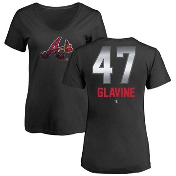 Women's Atlanta Braves Tom Glavine ＃47 Midnight Mascot V-Neck T-Shirt - Black