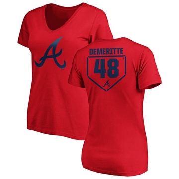 Women's Atlanta Braves Travis Demeritte ＃48 RBI Slim Fit V-Neck T-Shirt - Red