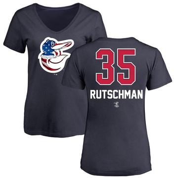 Women's Baltimore Orioles Adley Rutschman ＃35 Name and Number Banner Wave V-Neck T-Shirt - Navy