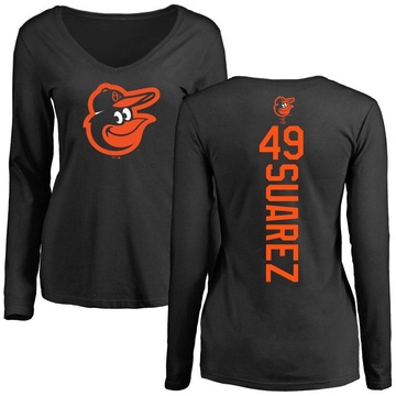 Women's Baltimore Orioles Albert Suarez ＃49 Backer Slim Fit Long Sleeve T-Shirt - Black