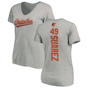 Women's Baltimore Orioles Albert Suarez ＃49 Backer Slim Fit T-Shirt Ash