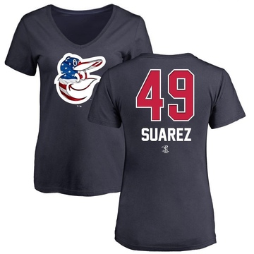 Women's Baltimore Orioles Albert Suarez ＃49 Name and Number Banner Wave V-Neck T-Shirt - Navy