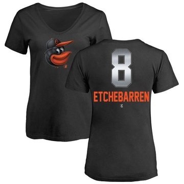 Women's Baltimore Orioles Andy Etchebarren ＃8 Midnight Mascot V-Neck T-Shirt - Black