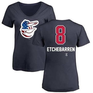 Women's Baltimore Orioles Andy Etchebarren ＃8 Name and Number Banner Wave V-Neck T-Shirt - Navy