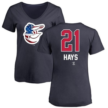 Women's Baltimore Orioles Austin Hays ＃21 Name and Number Banner Wave V-Neck T-Shirt - Navy