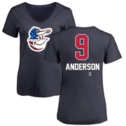 Women's Baltimore Orioles Brady Anderson ＃9 Name and Number Banner Wave V-Neck T-Shirt - Navy