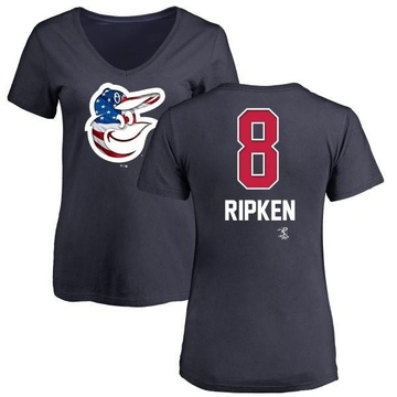 Women's Baltimore Orioles Cal Ripken ＃8 Name and Number Banner Wave V-Neck T-Shirt - Navy