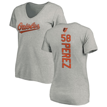 Women's Baltimore Orioles Cionel Perez ＃58 Backer Slim Fit T-Shirt Ash