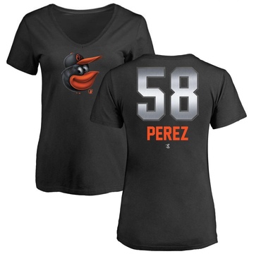 Women's Baltimore Orioles Cionel Perez ＃58 Midnight Mascot V-Neck T-Shirt - Black