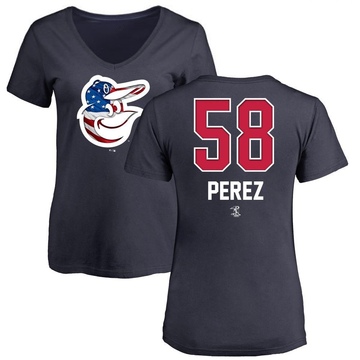 Women's Baltimore Orioles Cionel Perez ＃58 Name and Number Banner Wave V-Neck T-Shirt - Navy