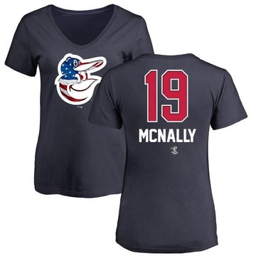 Women's Baltimore Orioles Dave Mcnally ＃19 Name and Number Banner Wave V-Neck T-Shirt - Navy