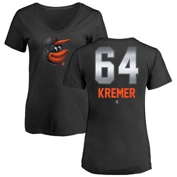 Women's Baltimore Orioles Dean Kremer ＃64 Midnight Mascot V-Neck T-Shirt - Black