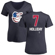 Women's Baltimore Orioles Jackson Holliday ＃7 Name and Number Banner Wave V-Neck T-Shirt - Navy