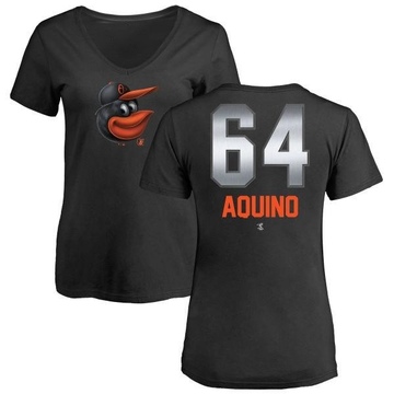 Women's Baltimore Orioles Jayson Aquino ＃64 Midnight Mascot V-Neck T-Shirt - Black