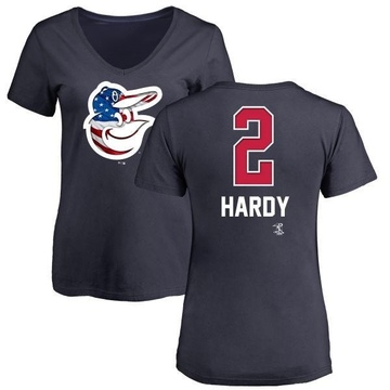 Women's Baltimore Orioles J.J. Hardy ＃2 Name and Number Banner Wave V-Neck T-Shirt - Navy