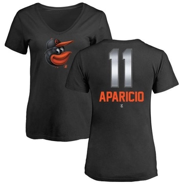 Women's Baltimore Orioles Luis Aparicio ＃11 Midnight Mascot V-Neck T-Shirt - Black