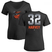 Women's Baltimore Orioles Matt Harvey ＃32 Midnight Mascot V-Neck T-Shirt - Black