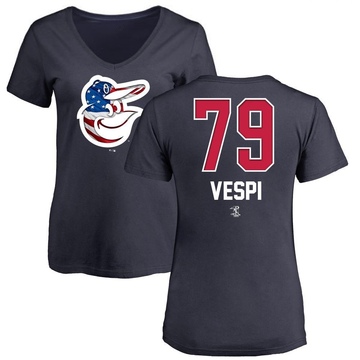 Women's Baltimore Orioles Nick Vespi ＃79 Name and Number Banner Wave V-Neck T-Shirt - Navy