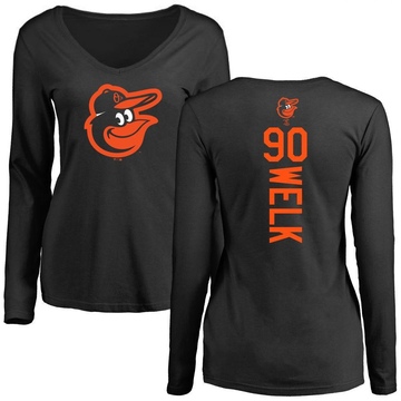 Women's Baltimore Orioles Toby Welk ＃90 Backer Slim Fit Long Sleeve T-Shirt - Black