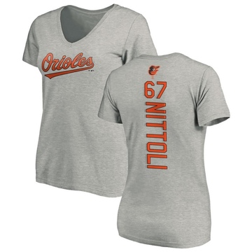 Women's Baltimore Orioles Vinny Nittoli ＃67 Backer Slim Fit T-Shirt Ash