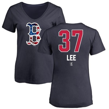 Women's Boston Red Sox Bill Lee ＃37 Name and Number Banner Wave V-Neck T-Shirt - Navy