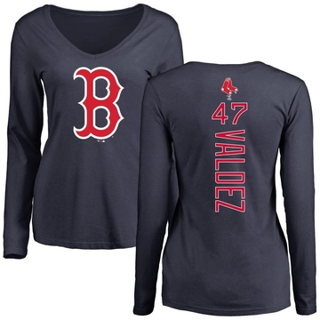 Women's Boston Red Sox Enmanuel Valdez ＃47 Backer Slim Fit Long Sleeve T-Shirt - Navy