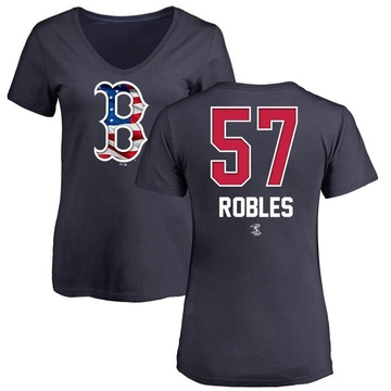 Women's Boston Red Sox Hansel Robles ＃57 Name and Number Banner Wave V-Neck T-Shirt - Navy