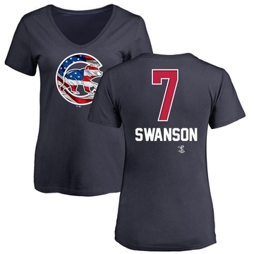 Women's Chicago Cubs Dansby Swanson ＃7 Name and Number Banner Wave V-Neck T-Shirt - Navy