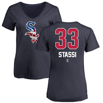 Women's Chicago White Sox Max Stassi ＃33 Name and Number Banner Wave V-Neck T-Shirt - Navy