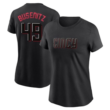 Women's Cincinnati Reds Alan Busenitz ＃49 2023 City Connect Name & Number T-Shirt - Black