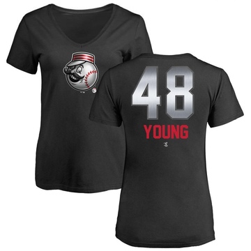 Women's Cincinnati Reds Alex Young ＃48 Midnight Mascot V-Neck T-Shirt - Black