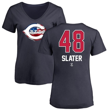 Women's Cincinnati Reds Austin Slater ＃48 Name and Number Banner Wave V-Neck T-Shirt - Navy