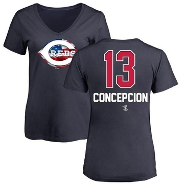 Women's Cincinnati Reds Dave Concepcion ＃13 Name and Number Banner Wave V-Neck T-Shirt - Navy