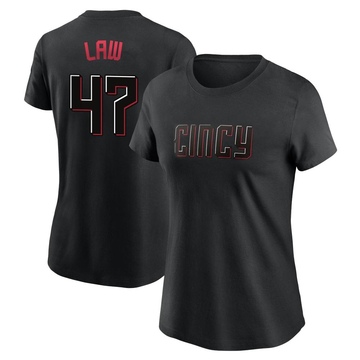 Women's Cincinnati Reds Derek Law ＃47 2023 City Connect Name & Number T-Shirt - Black