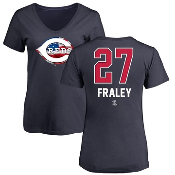 Women's Cincinnati Reds Jake Fraley ＃27 Name and Number Banner Wave V-Neck T-Shirt - Navy