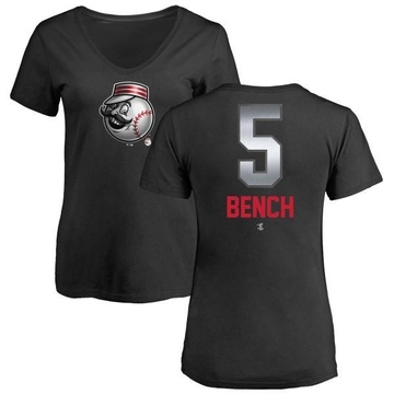 Women's Cincinnati Reds Johnny Bench ＃5 Midnight Mascot V-Neck T-Shirt - Black