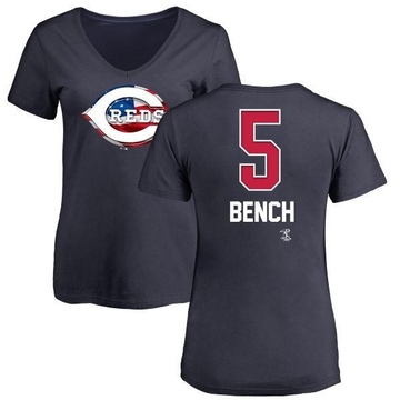 Women's Cincinnati Reds Johnny Bench ＃5 Name and Number Banner Wave V-Neck T-Shirt - Navy