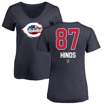 Women's Cincinnati Reds Rece Hinds ＃87 Name and Number Banner Wave V-Neck T-Shirt - Navy