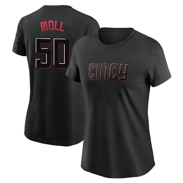 Women's Cincinnati Reds Sam Moll ＃50 2023 City Connect Name & Number T-Shirt - Black