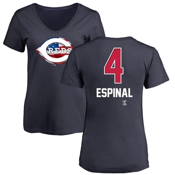 Women's Cincinnati Reds Santiago Espinal ＃4 Name and Number Banner Wave V-Neck T-Shirt - Navy