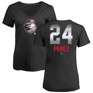 Women's Cincinnati Reds Tony Perez ＃24 Midnight Mascot V-Neck T-Shirt - Black