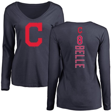 Women's Cleveland Guardians Albert Belle ＃8 Backer Slim Fit Long Sleeve T-Shirt - Navy