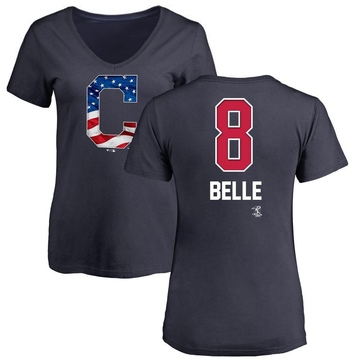 Women's Cleveland Guardians Albert Belle ＃8 Name and Number Banner Wave V-Neck T-Shirt - Navy