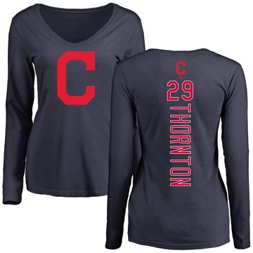 Women's Cleveland Guardians Andre Thornton ＃29 Backer Slim Fit Long Sleeve T-Shirt - Navy