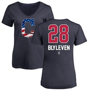 Women's Cleveland Guardians Bert Blyleven ＃28 Name and Number Banner Wave V-Neck T-Shirt - Navy