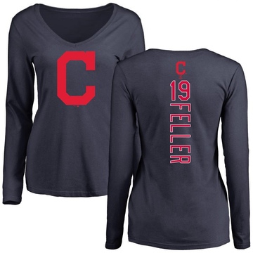 Women's Cleveland Guardians Bob Feller ＃19 Backer Slim Fit Long Sleeve T-Shirt - Navy