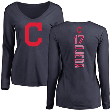 Women's Cleveland Guardians Bob Ojeda ＃17 Backer Slim Fit Long Sleeve T-Shirt - Navy