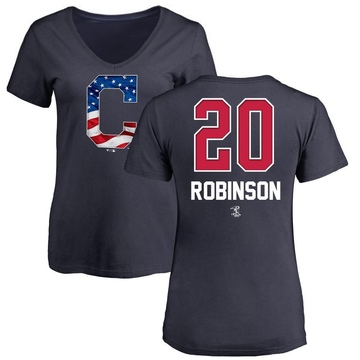 Women's Cleveland Guardians Eddie Robinson ＃20 Name and Number Banner Wave V-Neck T-Shirt - Navy